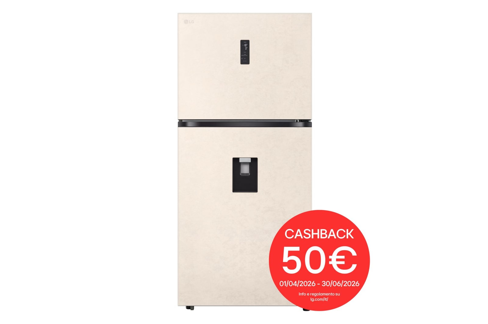 Vista frontale di Frigorifero doppia porta | Classe E, 609L| Wi-Fi, Door & Linear Cooling, Gestione umidità, Dispenser acqua, No frost | Sabbia GTFV61SEBQD